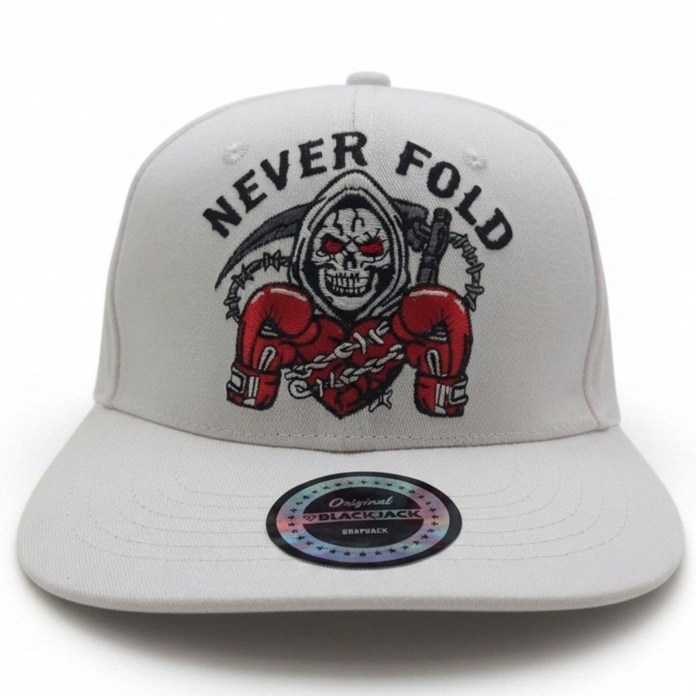 Blackjack Never Fold Grim Reaper Boxing Snapback Hat White Embroidered Cap